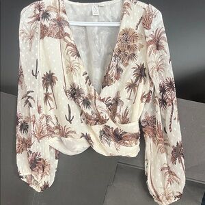 Joie Palm Print Wrap Blouse in Cream and Brown